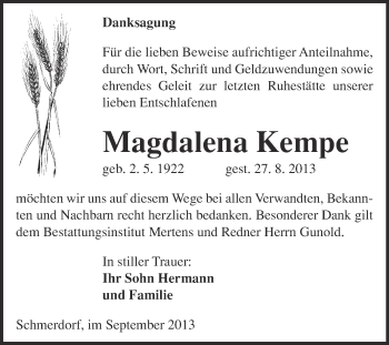 Traueranzeige von Magdalena Kempe von WVG - Wochenspiegel NMB / WSF / ZTZ