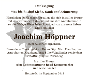 Traueranzeige von Joachim Höppner von Wochenspiegel Mansfelder Land