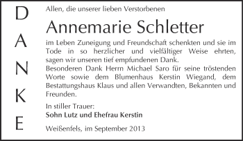 Traueranzeige von Annemarie Schletter von WVG - Wochenspiegel NMB / WSF / ZTZ