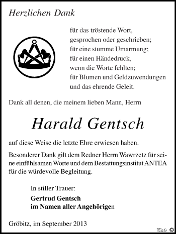 Traueranzeige von Harald Gentsch von WVG - Wochenspiegel NMB / WSF / ZTZ