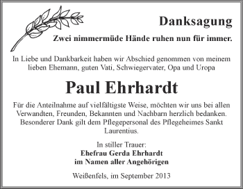 Traueranzeige von Paul Ehrhardt von WVG - Wochenspiegel NMB / WSF / ZTZ