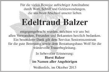 Traueranzeige von Edeltraud Balzer von WVG - Wochenspiegel NMB / WSF / ZTZ