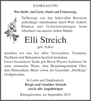 Traueranzeige von Elli Streich von Super Sonntag Merseburg