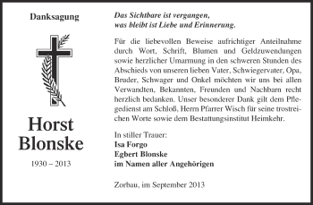 Traueranzeige von Horst Blonske von WVG - Wochenspiegel NMB / WSF / ZTZ