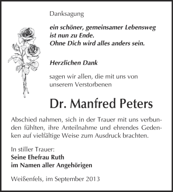 Traueranzeige von Manfred Peters von WVG - Wochenspiegel NMB / WSF / ZTZ