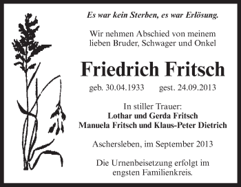 Traueranzeige von Friedrich Fritsch von WVG - Wochenspiegel Aschersleben