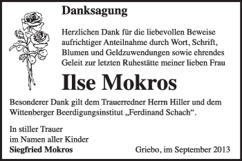 Traueranzeige von Ilse Mokros von WVG - Wochenspiegel Wittenberg