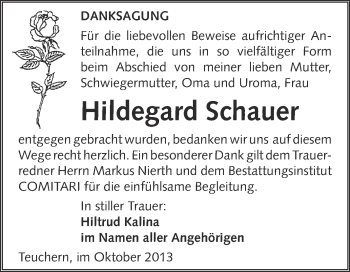 Traueranzeige von Hildegard Schauer von WVG - Wochenspiegel NMB / WSF / ZTZ