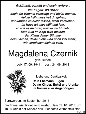 Traueranzeige von Magdalena Czernik von WVG - Wochenspiegel NMB / WSF / ZTZ