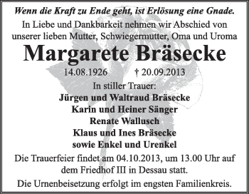 Traueranzeige von Margarete Bräsecke von Super Sonntag Dessau / Köthen