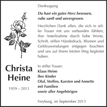 Traueranzeige von Christa Heine von WVG - Wochenspiegel NMB / WSF / ZTZ