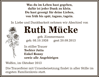 Traueranzeige von Ruth Mücke von WVG - Wochenspiegel Bitterfeld