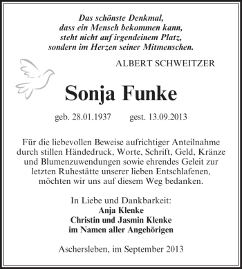 Traueranzeige von Sonja Funke von Super Sonntag Aschersleben