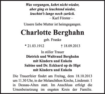 Traueranzeige von Charlotte Berghahn von Super Sonntag Dessau / Köthen