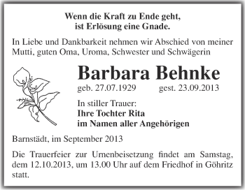 Traueranzeige von Barbara Behnke von WVG - Wochenspiegel Merseburg