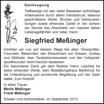 Traueranzeige von Siegfried Meßinger von WVG - Wochenspiegel Merseburg