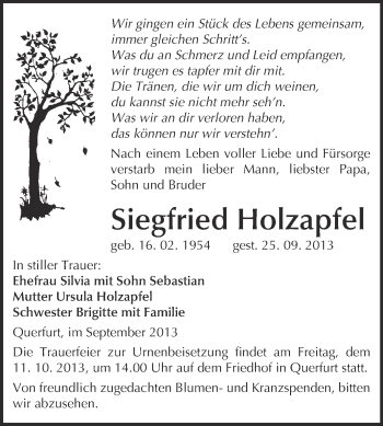Traueranzeige von Siegfried Holzapfel von WVG - Wochenspiegel NMB / WSF / ZTZ
