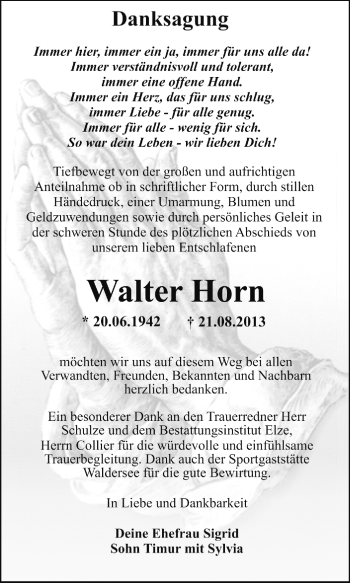 Traueranzeige von Walter Horn von Super Sonntag Dessau / Köthen
