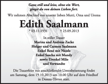 Traueranzeige von Edith Saalmann von Super Sonntag Dessau / Köthen