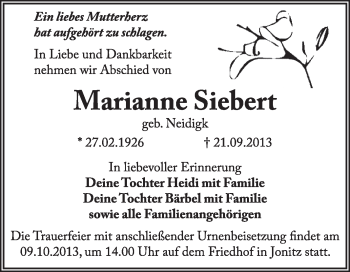 Traueranzeige von Marianne Siebert von Super Sonntag Dessau / Köthen