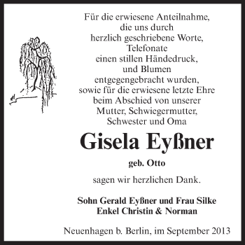 Traueranzeige von Gisela Eyßner von WVG - Wochenspiegel Aschersleben