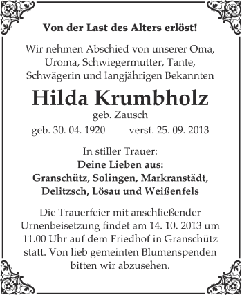 Traueranzeige von Hilda Krumbholz von WVG - Wochenspiegel NMB / WSF / ZTZ