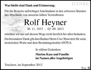 Traueranzeige von Rolf Heyner von WVG - Wochenspiegel NMB / WSF / ZTZ