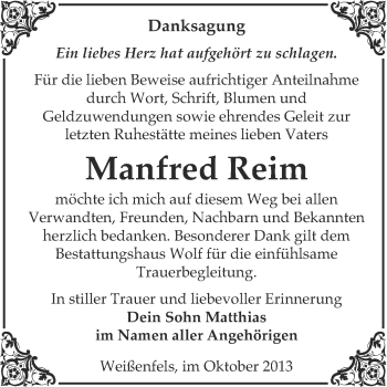 Traueranzeige von Manfred Reim von WVG - Wochenspiegel NMB / WSF / ZTZ