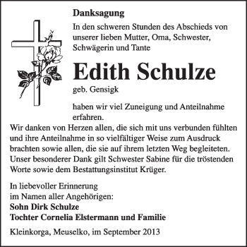 Traueranzeige von Edith Schhulze von WVG - Wochenspiegel Wittenberg