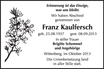 Traueranzeige von Franz Kaulfersch von WVG - Wochenspiegel Wittenberg