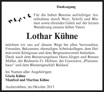 Traueranzeige von Lothar Kühne von WVG - Wochenspiegel Aschersleben