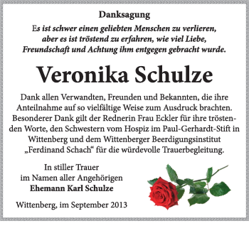 Traueranzeige von Veronika Schulze von WVG - Wochenspiegel Wittenberg