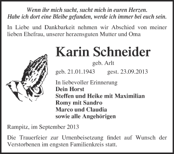 Traueranzeige von Karin Schneider von Super Sonntag Merseburg