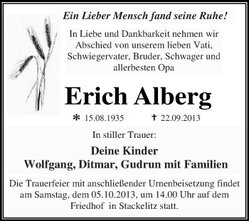 Traueranzeige von Erich Alberg von WVG - Wochenspiegel Dessau / Köthen