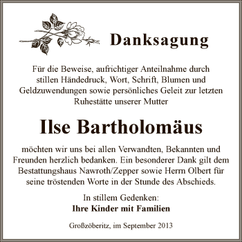 Traueranzeige von Ilse Bartholomäus von WVG - Wochenspiegel Bitterfeld