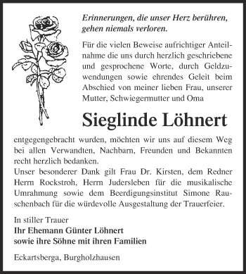 Traueranzeige von Sieglinde Löhnert von WVG - Wochenspiegel NMB / WSF / ZTZ