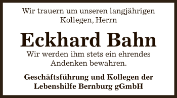 Traueranzeige von Eckhard Bahn von WVG - Wochenspiegel Bernburg