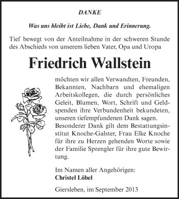 Traueranzeige von Friedrich Wallstein von WVG - Wochenspiegel Aschersleben