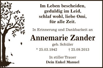 Traueranzeige von Annemarie Zander von WVG - Wochenspiegel Bitterfeld