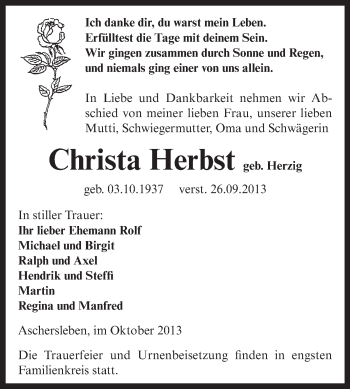 Traueranzeige von Christa Herbst von WVG - Wochenspiegel Aschersleben
