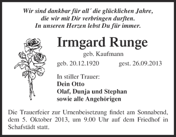 Traueranzeige von Irmgard Runge von Super Sonntag Merseburg