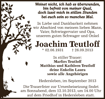 Traueranzeige von Joachim Teutloff von Wochenspiegel Mansfelder Land