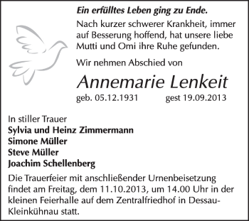 Traueranzeige von Annemarie Lenkeit von Super Sonntag Dessau / Köthen