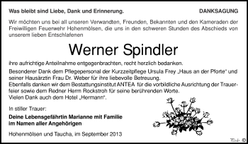 Traueranzeige von Werner Spindler von WVG - Wochenspiegel NMB / WSF / ZTZ