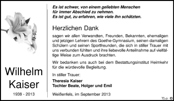 Traueranzeige von Wilhelm Kaiser von WVG - Wochenspiegel NMB / WSF / ZTZ