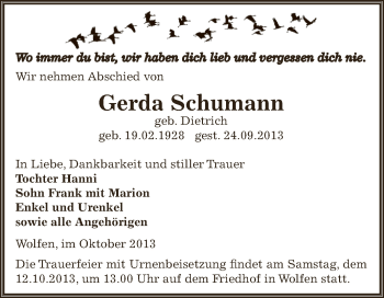 Traueranzeige von Gerda Schumann von WVG - Wochenspiegel Bitterfeld
