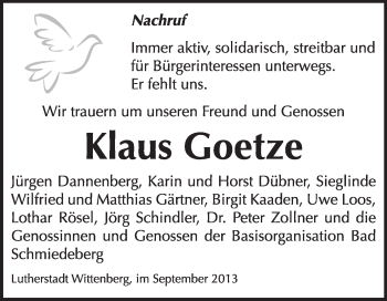 Traueranzeige von Klaus Goetze von Super Sonntag Wittenberg