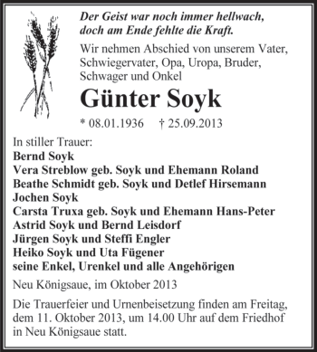 Traueranzeige von Günter Soyk von WVG - Wochenspiegel Aschersleben