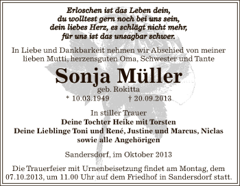 Traueranzeige von Sonja Müller von WVG - Wochenspiegel Bitterfeld