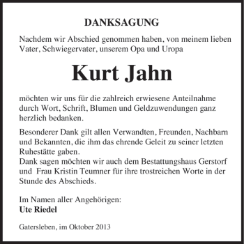 Traueranzeige von Kurt Jahn von WVG - Wochenspiegel Aschersleben